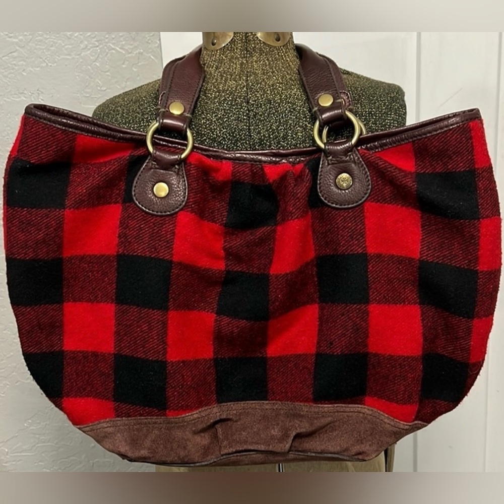 LUCKY BRAND BUFFALO PLAID RED BLACK WOOL COTTON LEATHER LARGE TOTE SHOULDER BAG